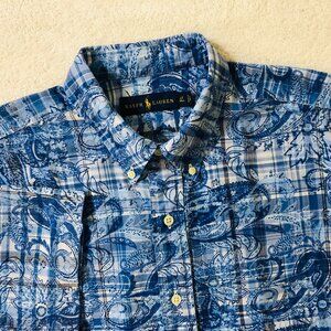Polo Ralph Lauren Mens Size LT Tall Blue Paisley Button Front Short Sleeve Shirt